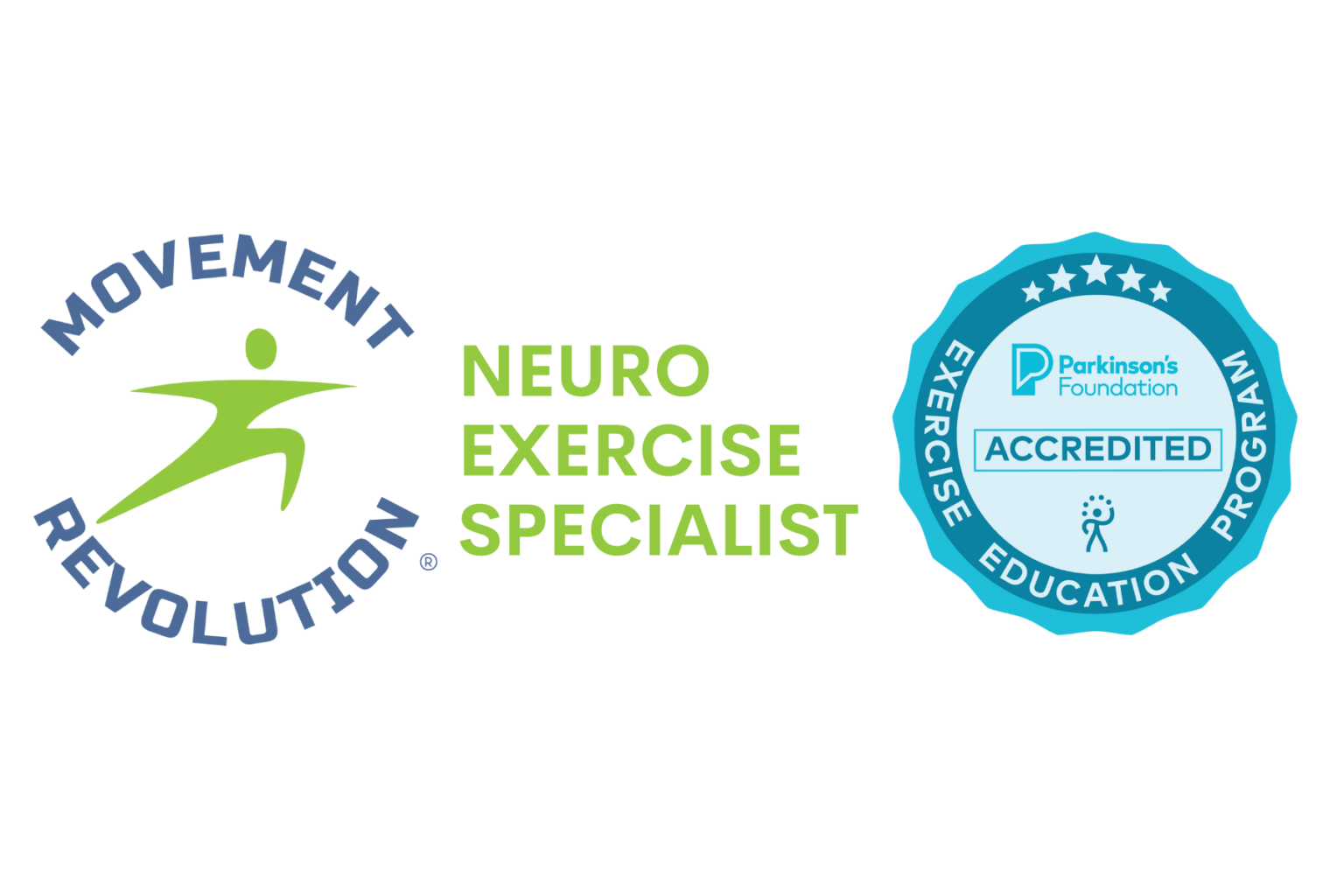 Movement Revolution Neuro Exercise Specialist and Parkinson’s Foundation Accredited Exercise Education Program badges